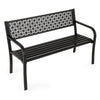 Black 50-inch garden bench with patterned backrest and curved armrests, suitable for 2-3 persons, ideal for outdoor.
