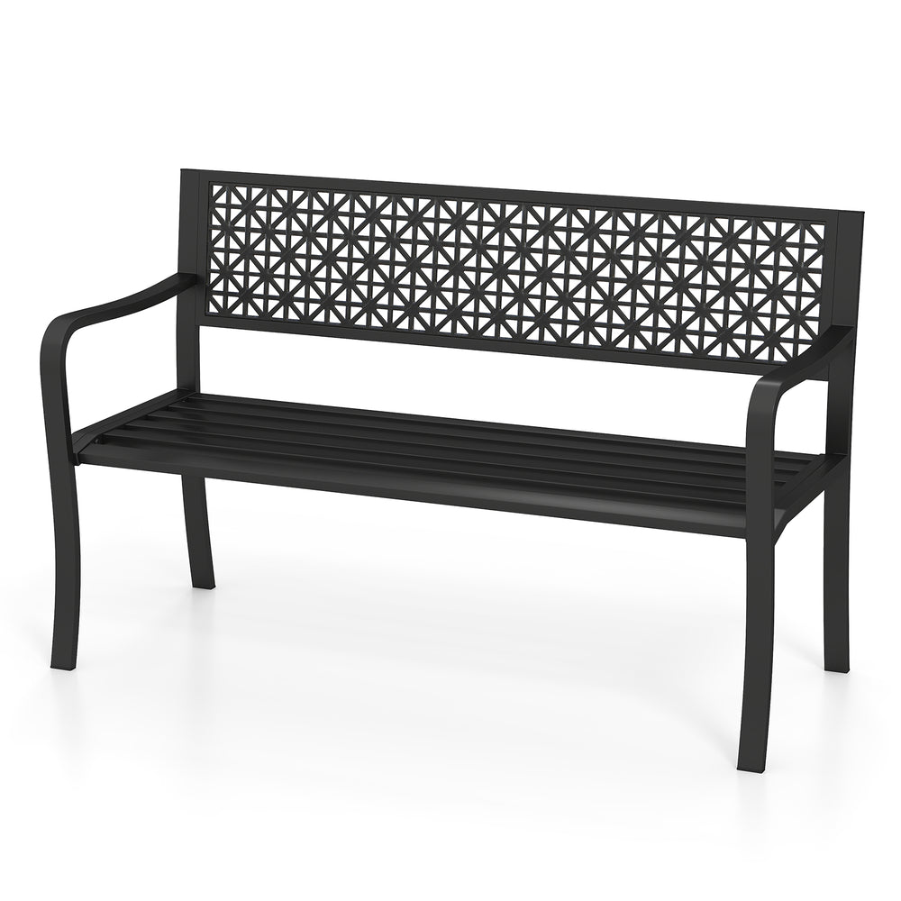 Black 50-inch garden bench with patterned backrest and curved armrests, ideal for 2-3 people in outdoor spaces.