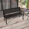 Black garden bench with a stylish patterned backrest and curved armrests, designed for comfort in outdoor settings.