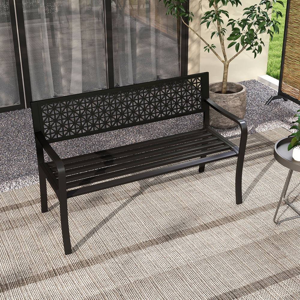 Black garden bench with a stylish patterned backrest and curved armrests, designed for comfort in outdoor settings.