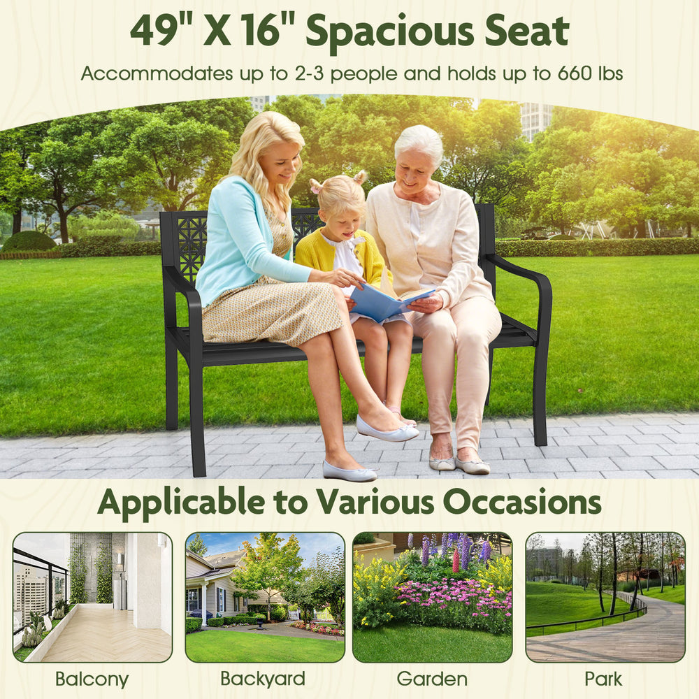 50-inch black garden bench with patterned backrest, curved armrests, seating 2-3 people for outdoor relaxation.
