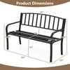 Dimensions of the 50-inch black outdoor garden bench with slatted backrest and curved armrests for ergonomic seating.