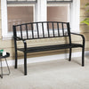 Black 50-inch outdoor garden bench with slatted backrest and curved armrests, perfect for garden or porch seating.