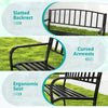 Close-up of the 50-inch outdoor garden bench featuring a slatted backrest, curved armrests, and ergonomic seat for.