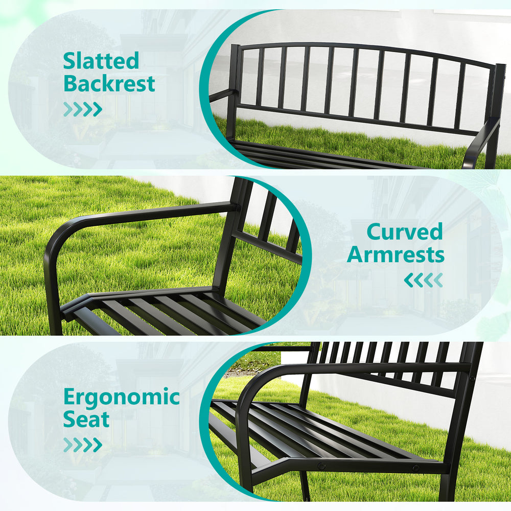 Close-up of the 50-inch outdoor garden bench featuring a slatted backrest, curved armrests, and ergonomic seat for.