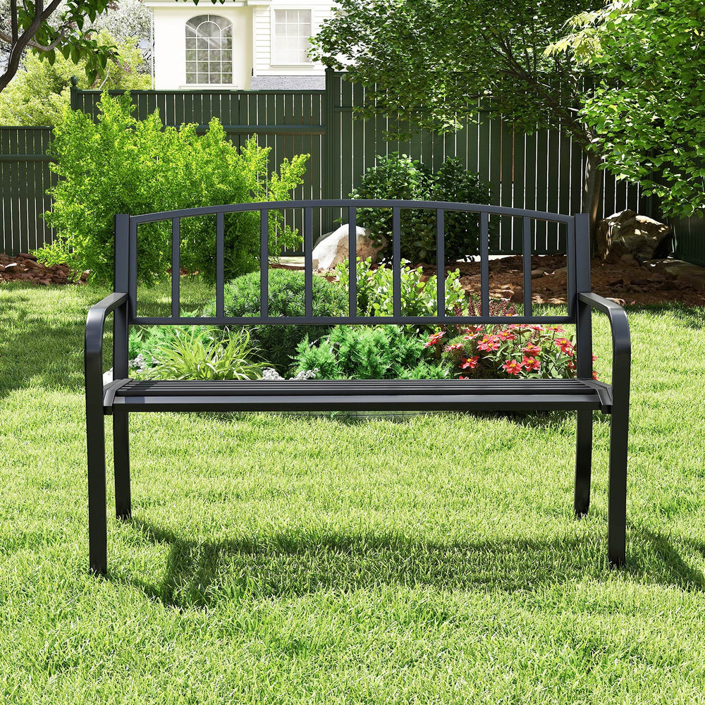 Front view of the 50-inch black outdoor garden bench showcasing its elegant design, ideal for courtyard and park.