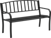 Black 50-inch outdoor garden bench with slatted backrest and curved armrests, perfect for gardens and patios.