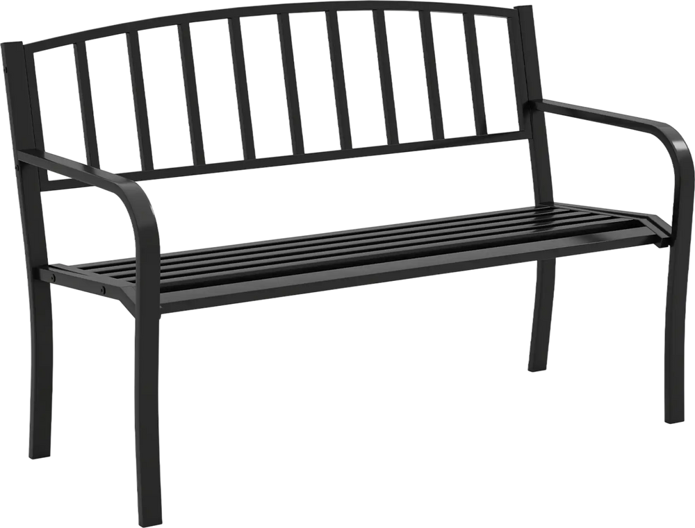 Black 50-inch outdoor garden bench with slatted backrest and curved armrests, perfect for gardens and patios.