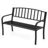 Black 50-inch outdoor garden bench with slatted backrest and curved armrests, perfect for gardens and porches.