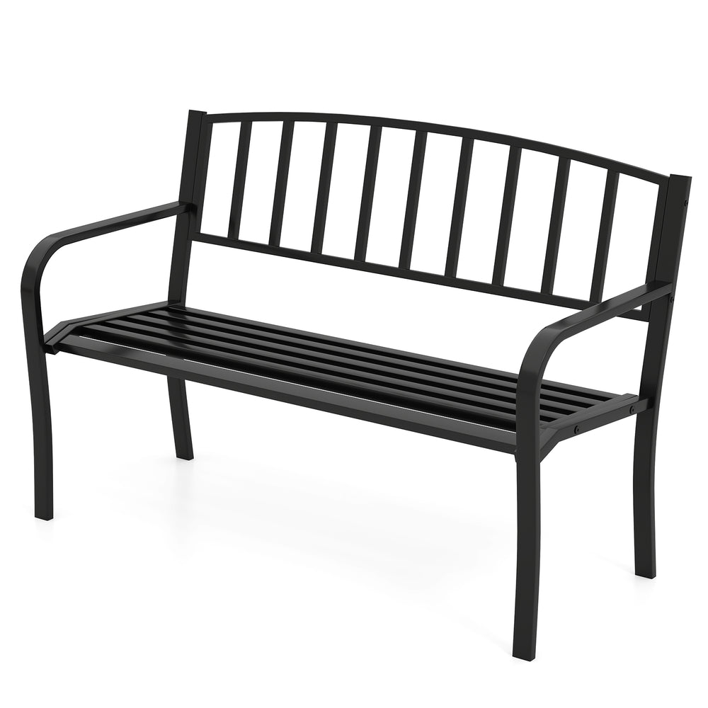 Black 50-inch outdoor garden bench with slatted backrest and curved armrests, perfect for gardens and porches.
