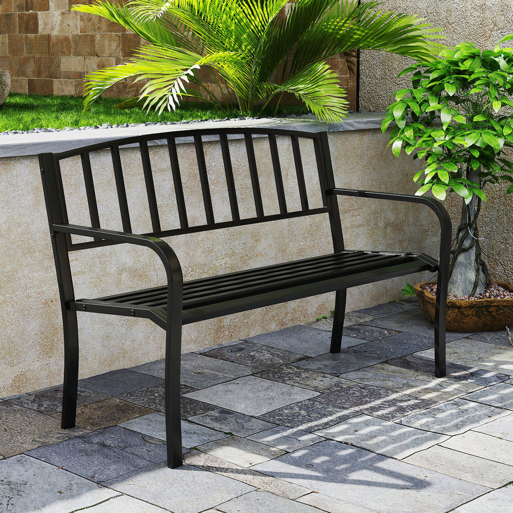 Side view of the 50-inch black outdoor garden bench, featuring a slatted backrest and sturdy frame, perfect for outdoor.