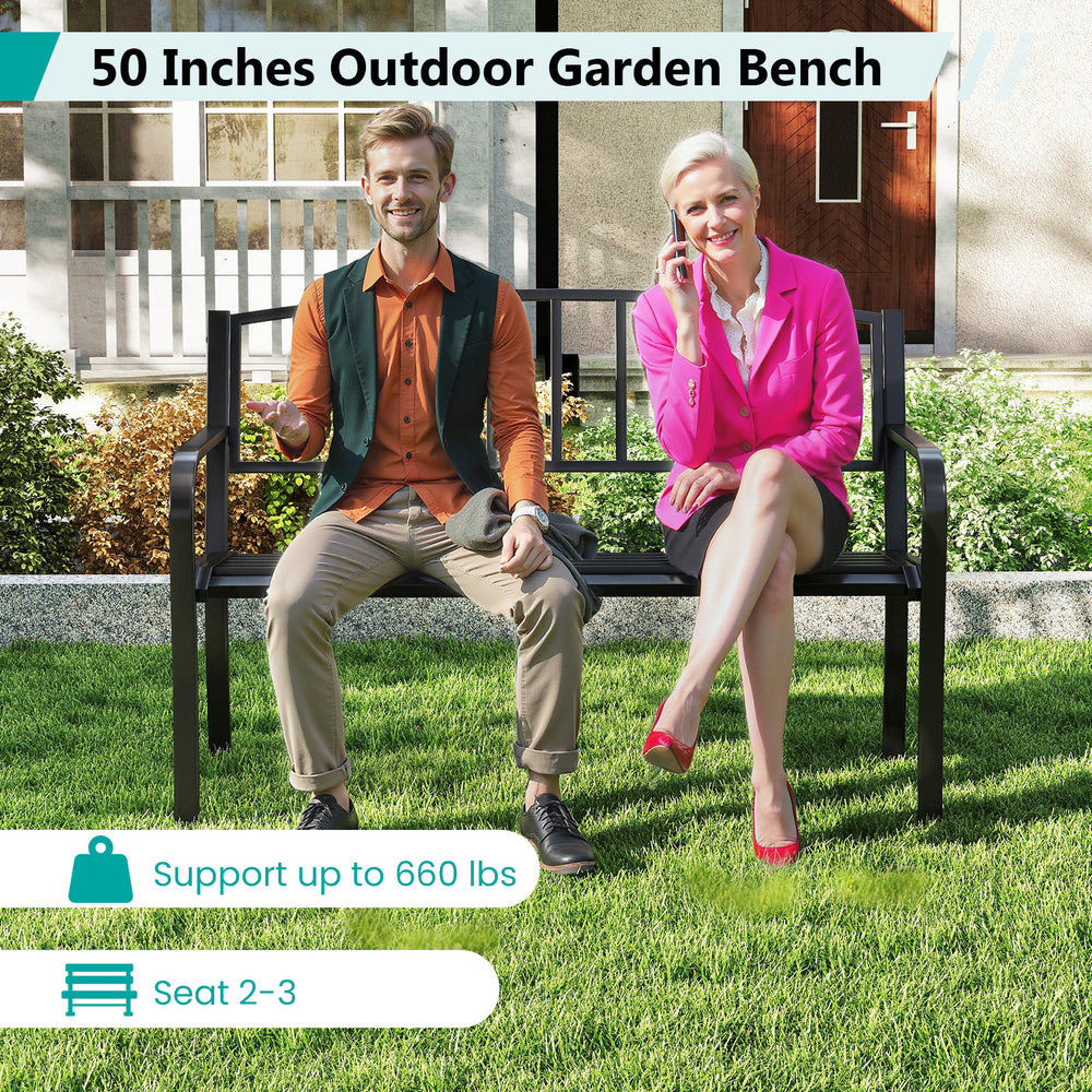 50-inch outdoor garden bench with slatted backrest, supporting up to 660 lbs, ideal for gardens and porches.