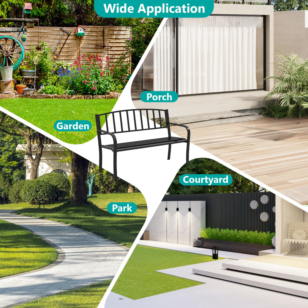 50-inch black outdoor garden bench with slatted backrest and curved armrests, ideal for parks, gardens, and porches.