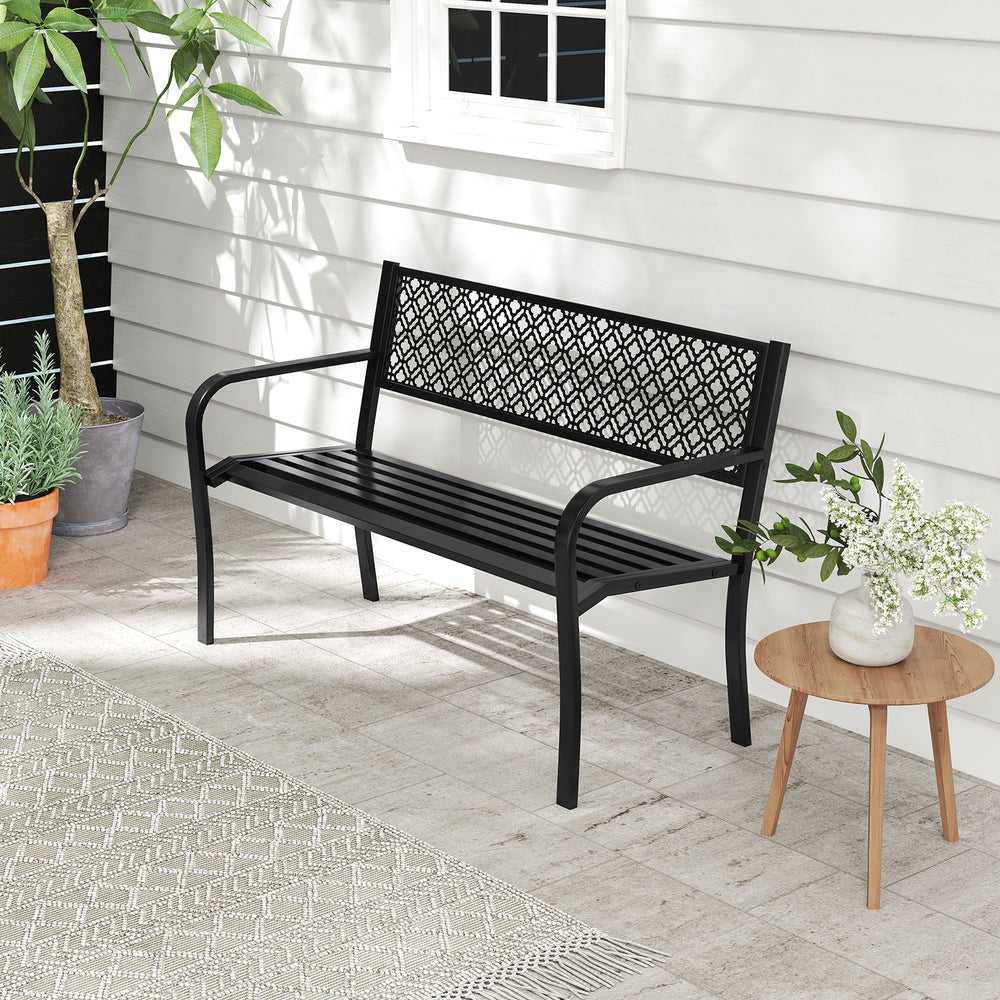 50 Inches Outdoor Garden Bench with Geometric Lattice Backrest and Slatted Seat-Black - Gallery View 1 of 10