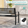 Outdoor garden bench with geometric lattice backrest, sturdy metal construction, and slatted seat for patio gatherings.