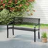 Black 50-inch outdoor garden bench with geometric lattice backrest, perfect for patio or garden seating for 2-3 people.