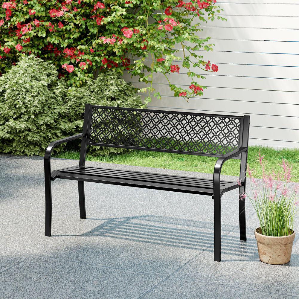 Black 50-inch outdoor garden bench with geometric lattice backrest, perfect for patio or garden seating for 2-3 people.