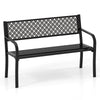Black 50-inch outdoor garden bench with geometric lattice backrest, slatted seat, and sturdy metal construction for 2-3.