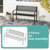 50-inch black outdoor garden bench with geometric lattice backrest, suitable for patio and backyard gatherings.