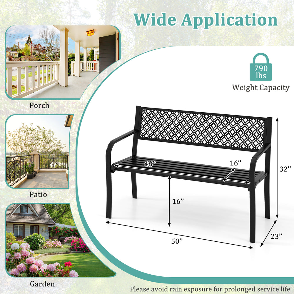 50-inch black outdoor garden bench with geometric lattice backrest, slatted seat, and 790 lbs capacity for patio or.