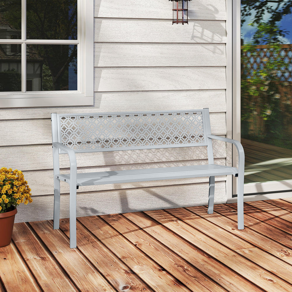 50 Inches Outdoor Garden Bench with Geometric Lattice Backrest and Slatted Seat-Gray - Gallery View 1 of 10