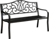 Black 50-inch outdoor garden bench with floral design backrest, slatted seat, ideal for patio or backyard gatherings.