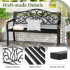 Black outdoor garden bench with floral design backrest, slatted seat, and anti-slip foot pads for patio relaxation.