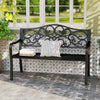 Black 50-inch outdoor garden bench with floral design backrest, slatted seat, ideal for patio or garden gatherings.