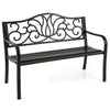 Black outdoor garden bench with floral design backrest, slatted seat, and sturdy metal construction for patio or garden.