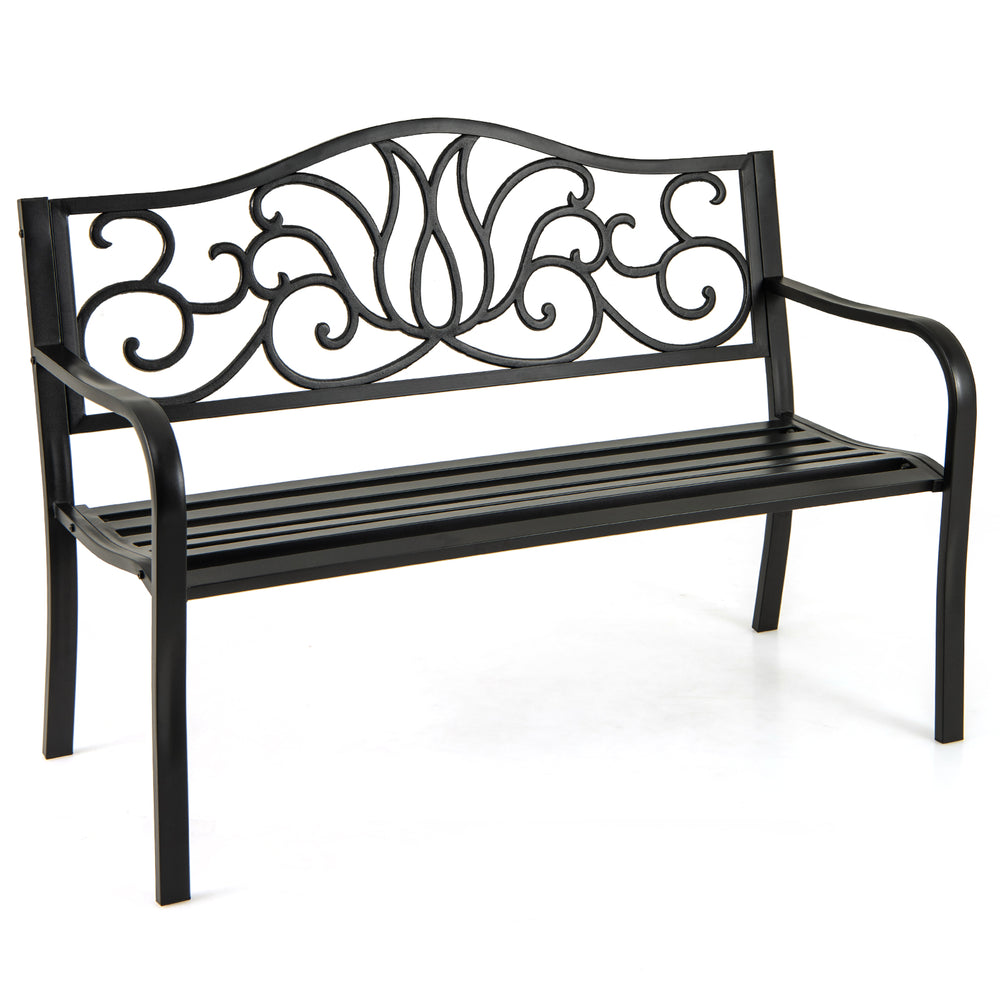 Black outdoor garden bench with floral design backrest, slatted seat, and sturdy metal construction for patio or garden.