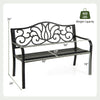 Black 50-inch outdoor garden bench with floral design backrest, slatted seat, and 660 lbs capacity for patio or garden.