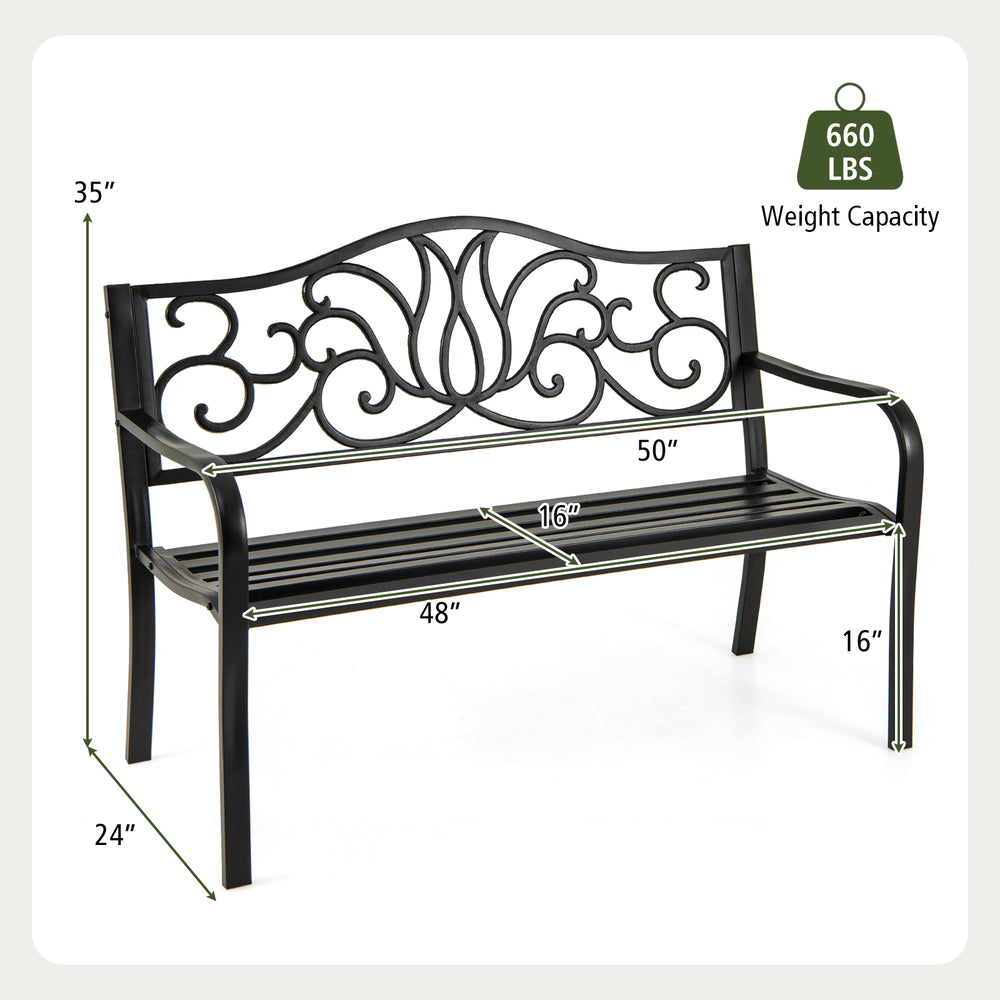 Black 50-inch outdoor garden bench with floral design backrest, slatted seat, and 660 lbs capacity for patio or garden.