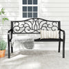 Black 50-inch outdoor garden bench with floral design backrest and slatted seat, perfect for patio or garden gatherings.
