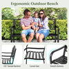 Ergonomic black outdoor garden bench with floral design backrest, slatted seat, and cozy armrests for patio gatherings.