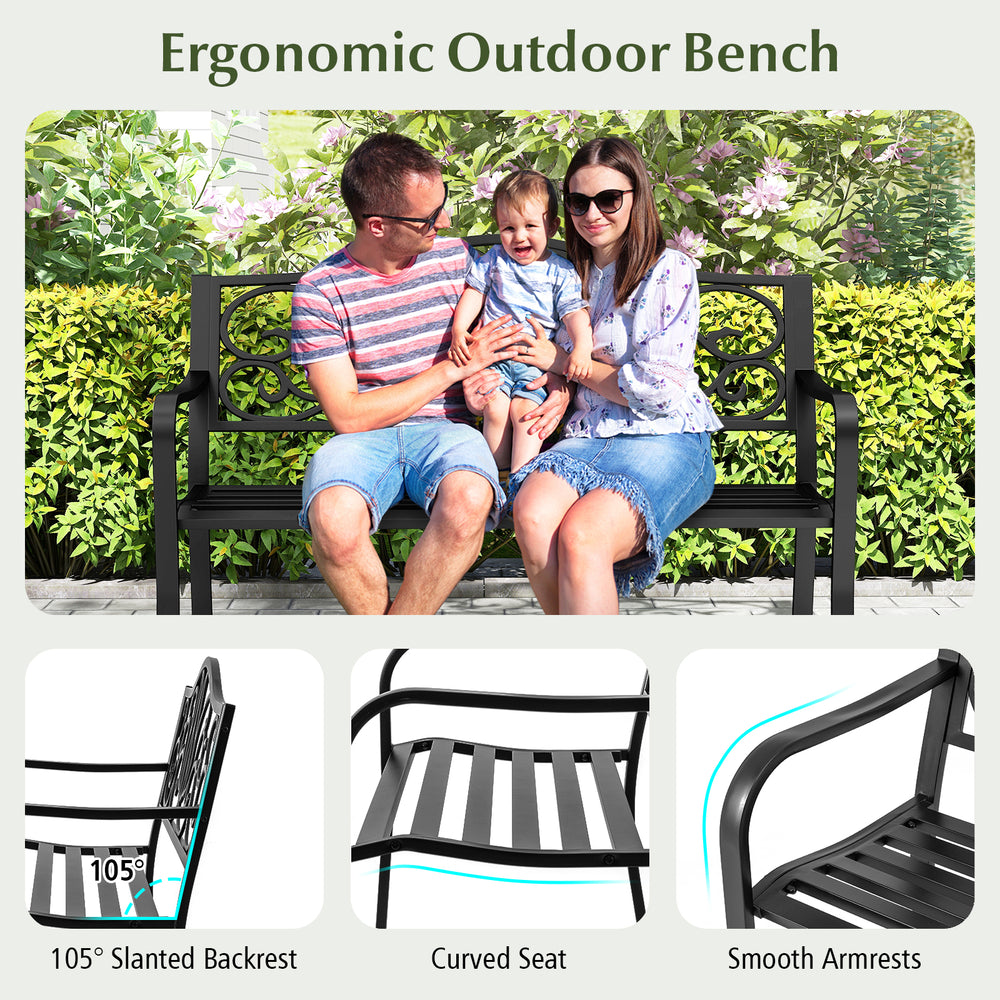 Ergonomic black outdoor garden bench with floral design backrest, slatted seat, and cozy armrests for patio gatherings.