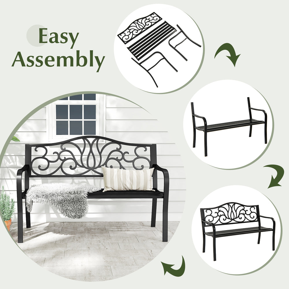 50-inch black outdoor garden bench with floral design backrest, slatted seat, and easy 3-step assembly for patios and.