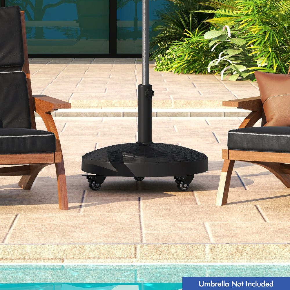 Patio wicker style resin umbrella base stand with wheels, 50 lbs, for easy mobility and strong support at poolside.
