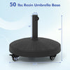 50 lbs patio wicker style resin umbrella base with lockable wheels, adjustable pole hole, ideal for outdoor use.
