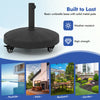 Heavy-duty 50 lbs resin umbrella base with wheels, featuring a rattan design for patio and backyard use.