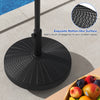 Heavy-duty 50 lbs patio umbrella base stand with rattan design and lockable wheels for easy movement and stability.