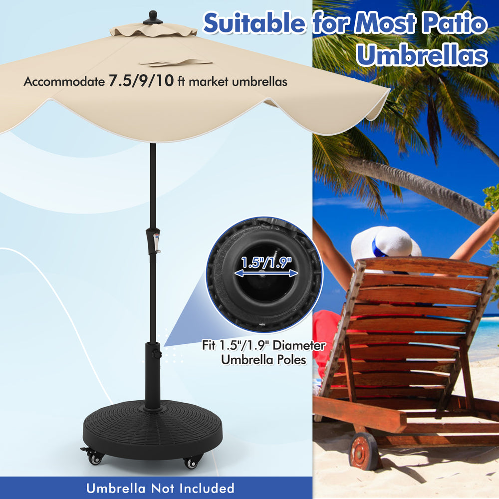 50 lbs patio wicker style resin umbrella base stand with wheels, suitable for 1.5"-1.9" diameter poles, ideal for.