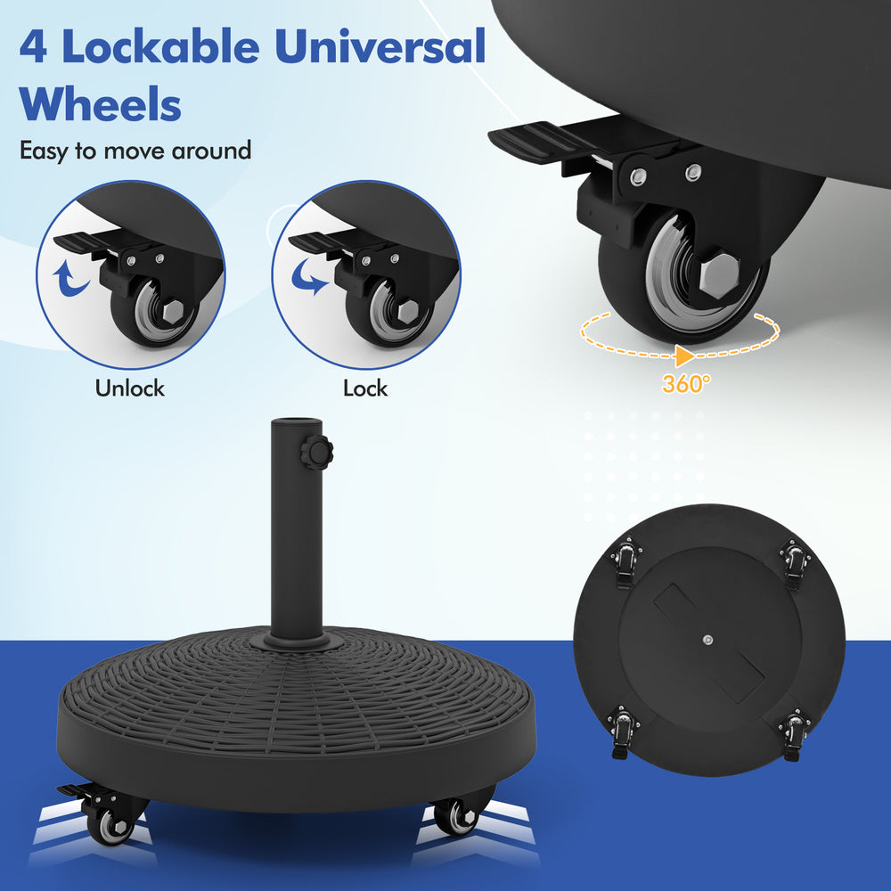 Lockable wheels of the 50lbs patio wicker style resin umbrella base stand for easy movement and stability.