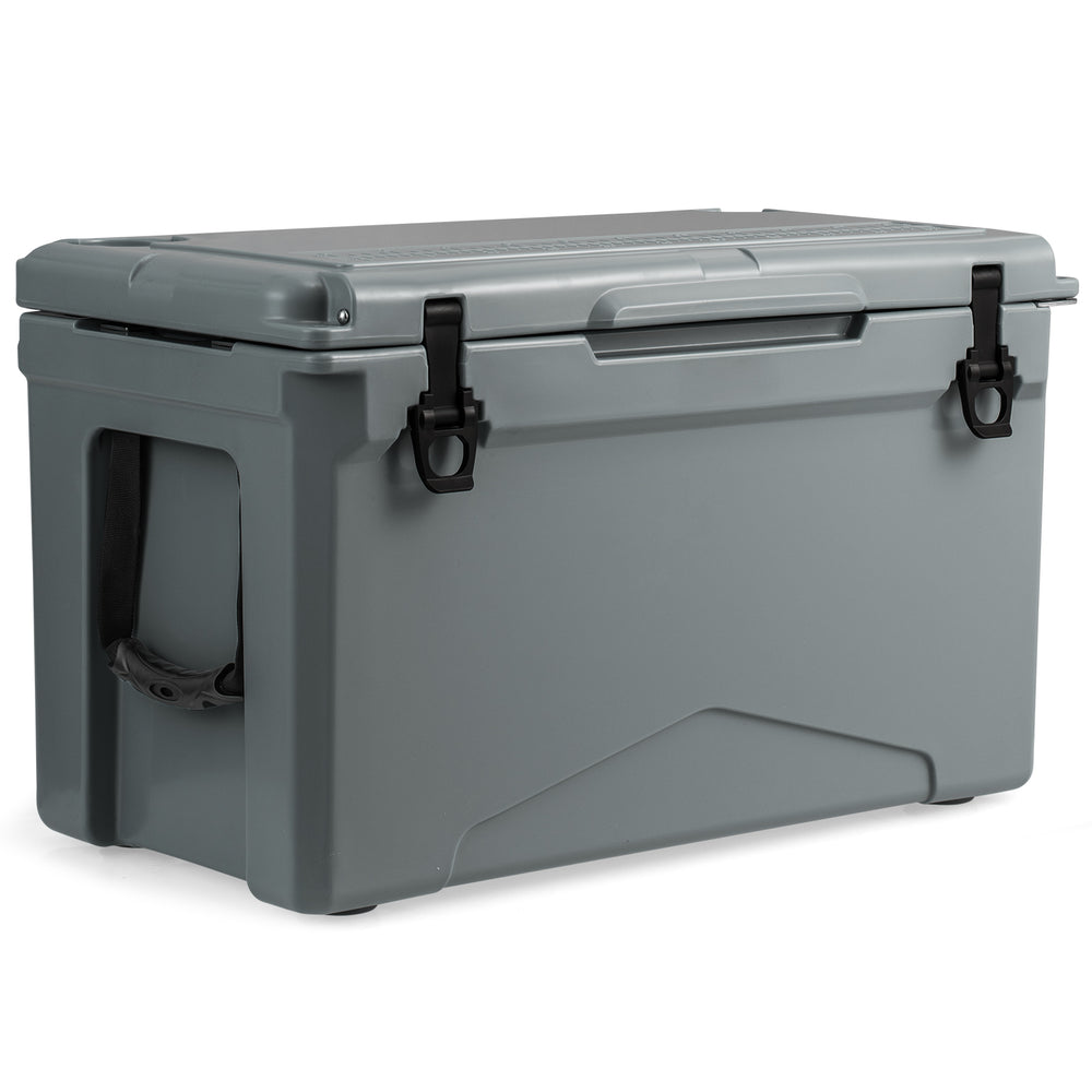 50 QT rotomolded cooler in gray with integrated cup holders, designed for travel and outdoor activities.