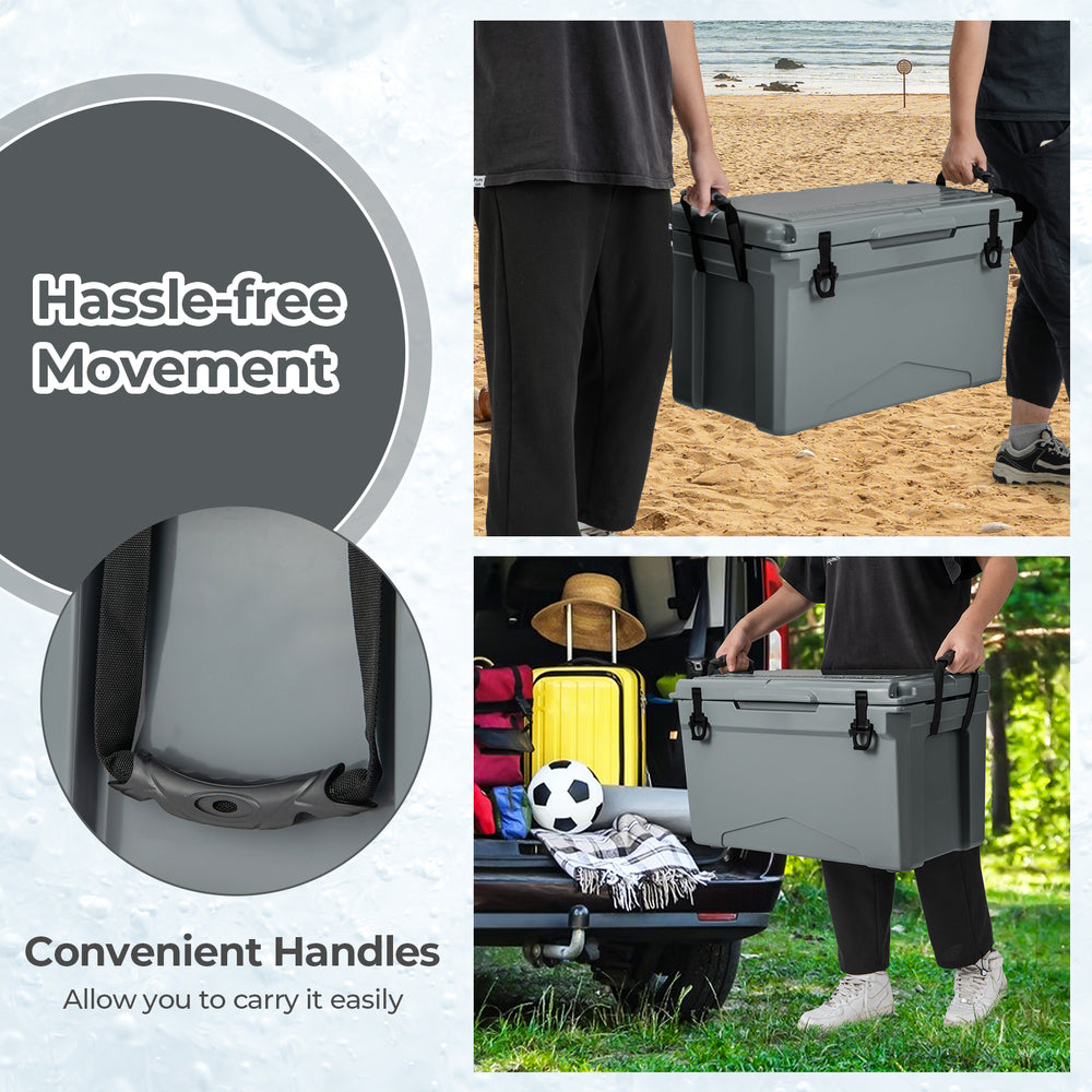 Gray 50 QT rotomolded cooler with convenient handles, ideal for camping and outdoor activities, supports up to 220 lbs.