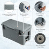 50 QT gray rotomolded cooler with integrated cup holders, built-in bottle opener, and quick drainage system for outdoor.