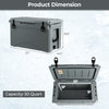 50-quart gray rotomolded cooler with integrated cup holders, dimensions 27"x14.5"x16.5", ideal for camping and outdoor.