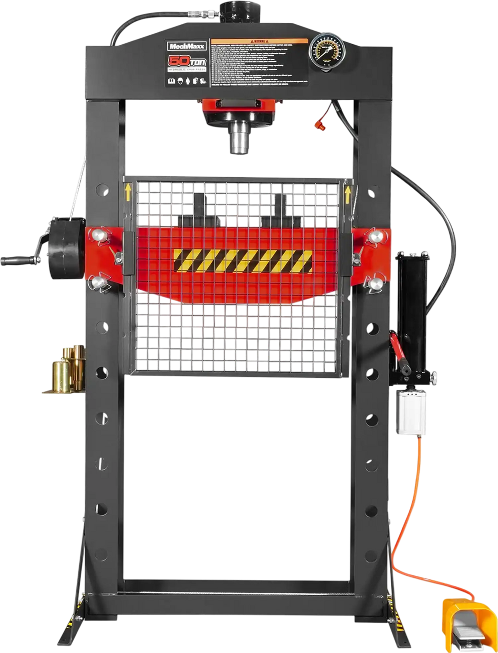 50 Ton H-Frame Air/Hydraulic Shop Press with Hand Winch & Press Pin Kit,  Fully Welded Steel Frame,  Safety Guard,  Foot Pedal Control,  HSP50