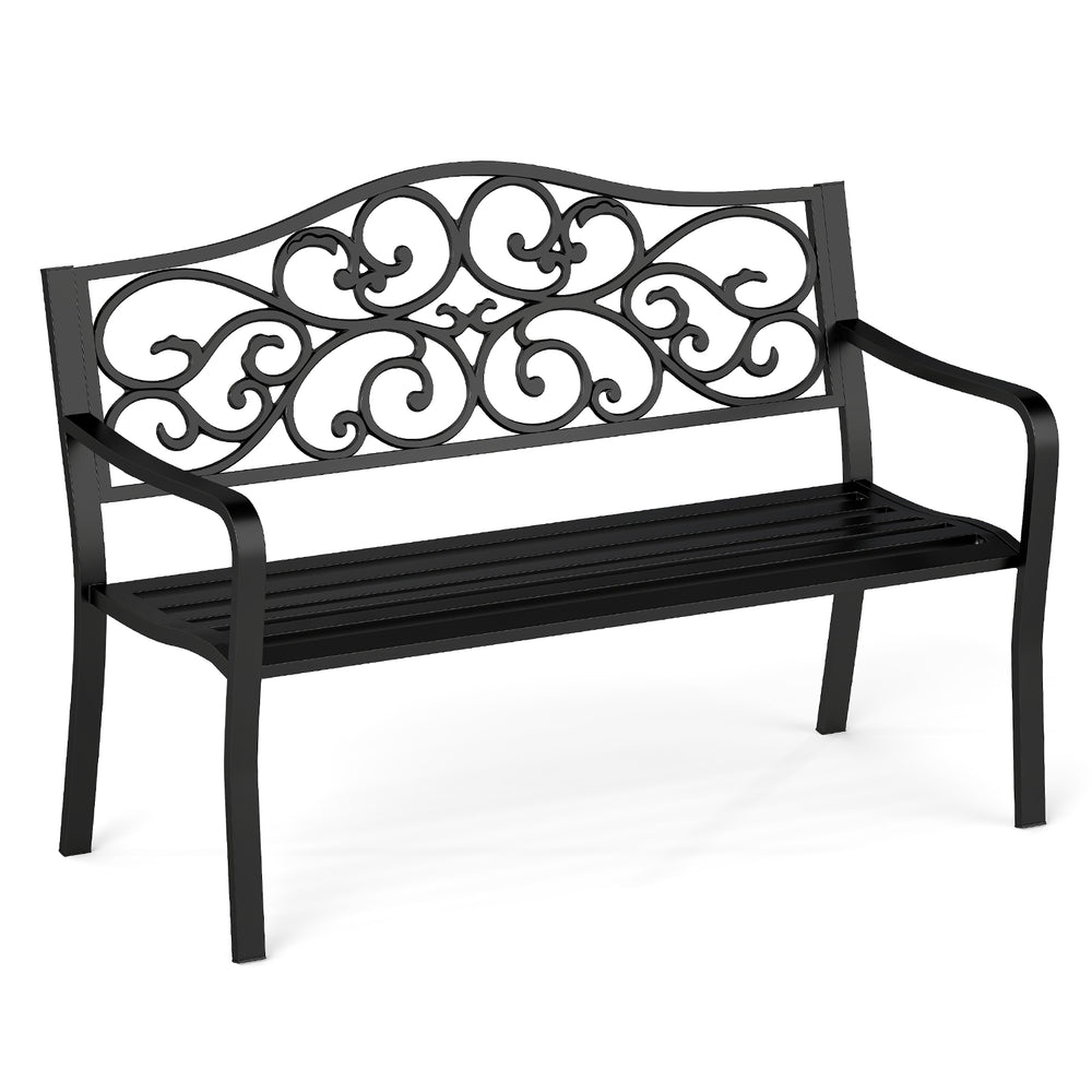 Black 50-inch outdoor cast iron metal patio bench with floral design backrest, ideal for garden or porch seating.