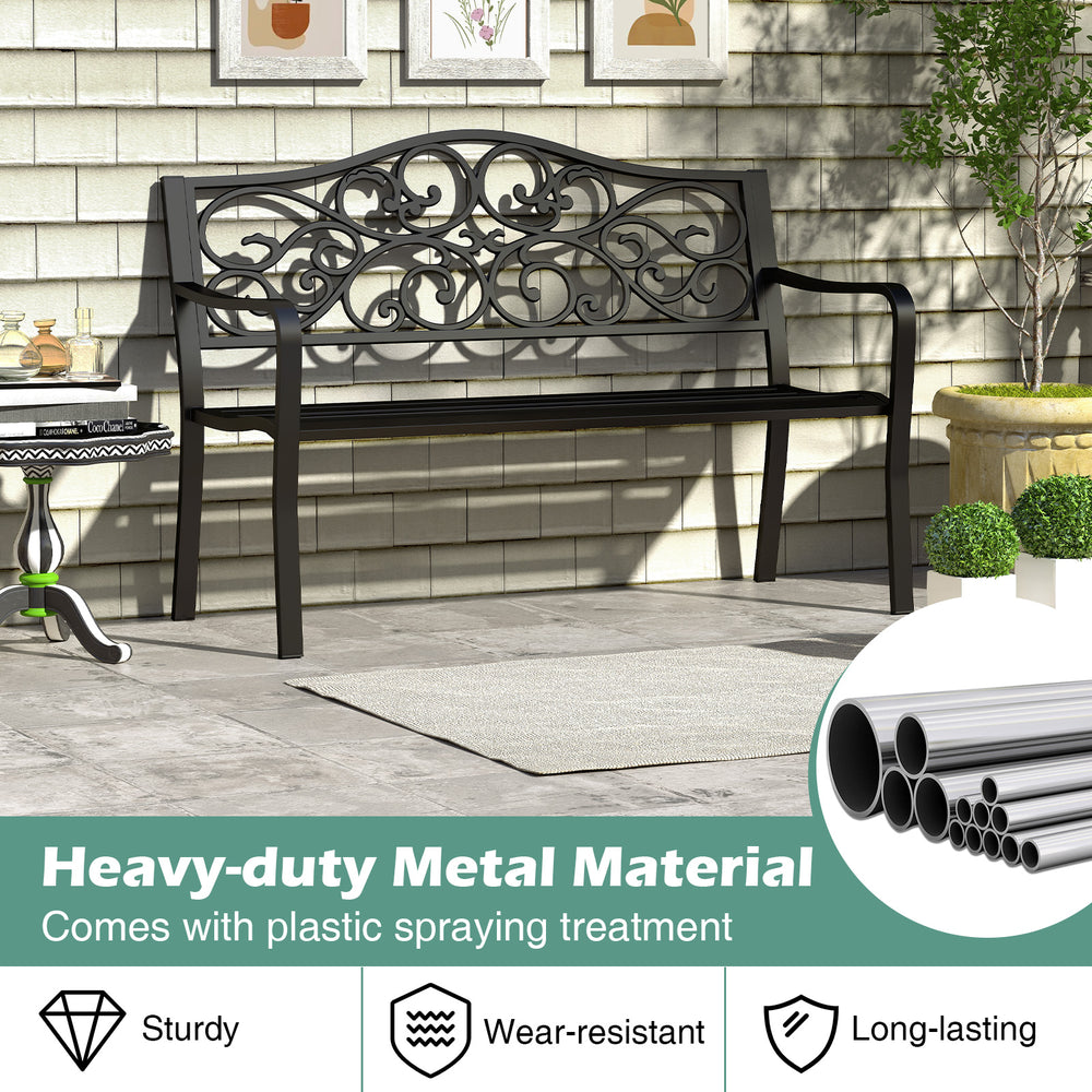 50-inch black outdoor metal patio bench with floral design, sturdy cast iron backrest, ideal for garden gatherings.
