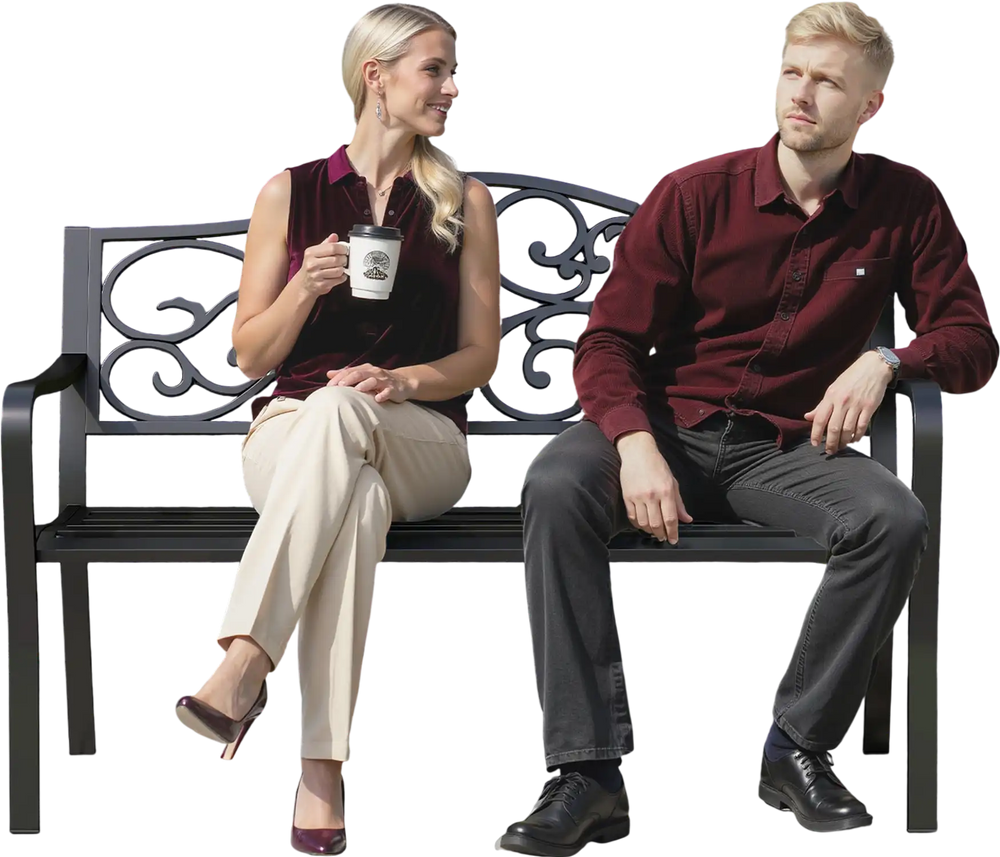 Outdoor cast iron metal patio bench with floral design, supports 2-3 people, ideal for garden or porch gatherings.